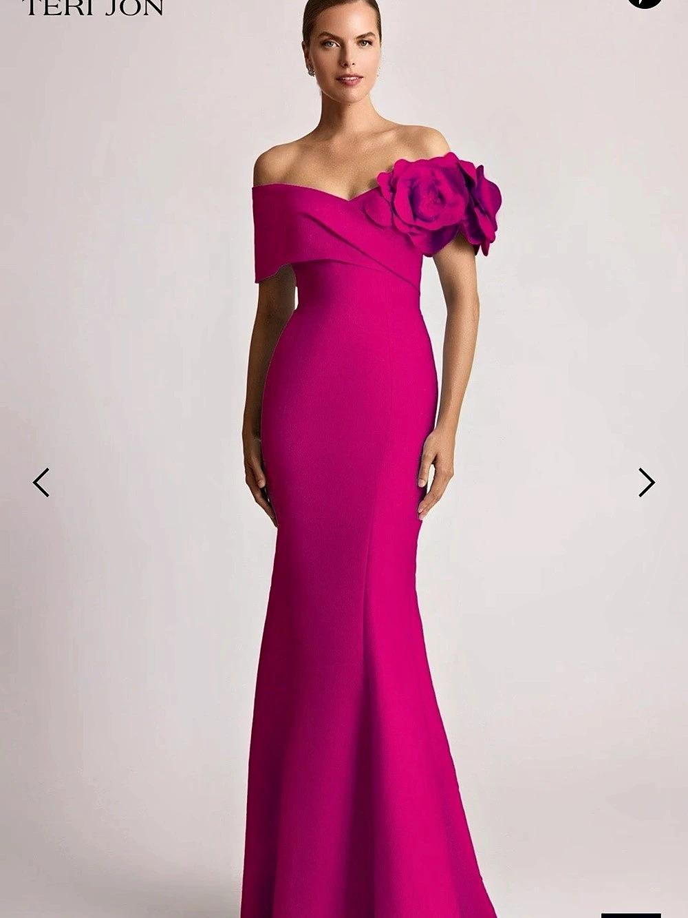 Teri Jon Crepe Flower Applique Off Shoulder Gown in Pink
